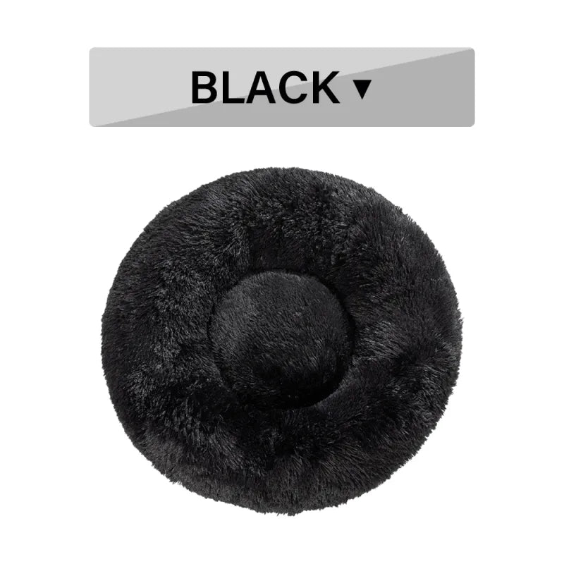 Plush calming donut dog bed, black studio shot