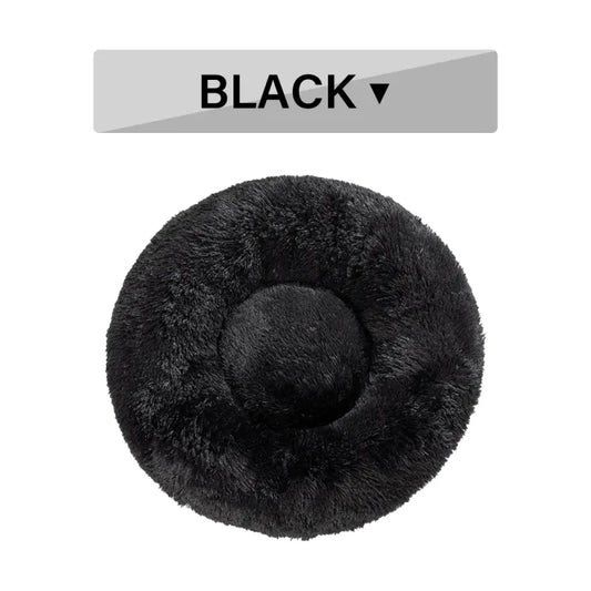 Plush calming donut dog bed, black studio shot