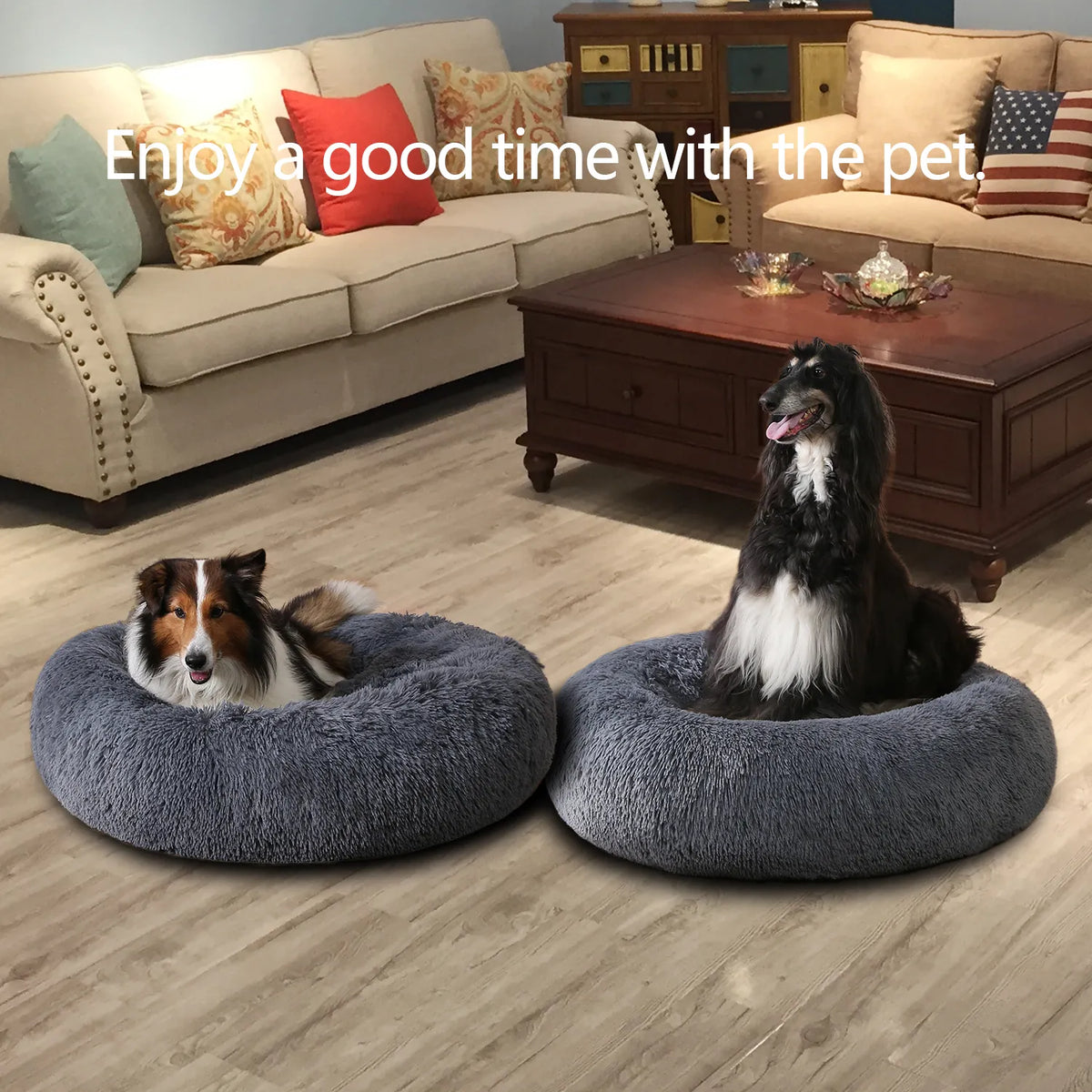 Plush calming donut dog bed, dog resting inside