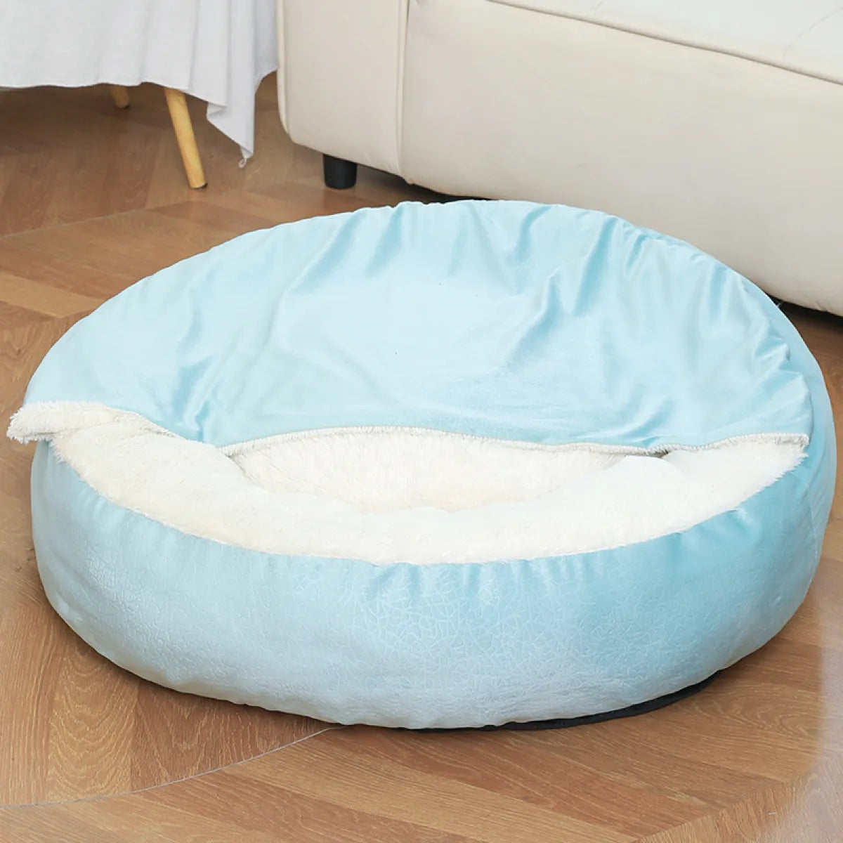 Hooded cuddler dog bed, light blue