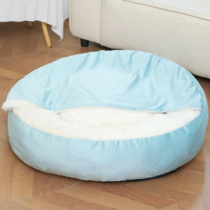 Hooded cuddler dog bed, light blue