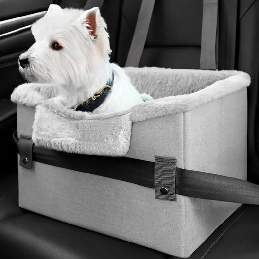 Padded dog booster car seat, side view