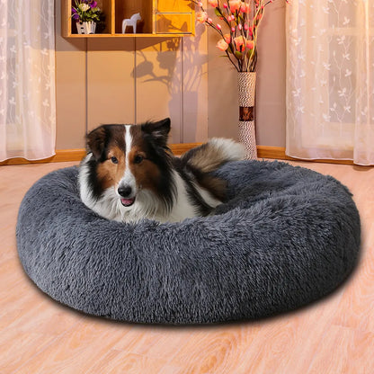 Plush calming donut dog bed, black