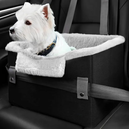 Padded dog booster car seat, installed in vehicle